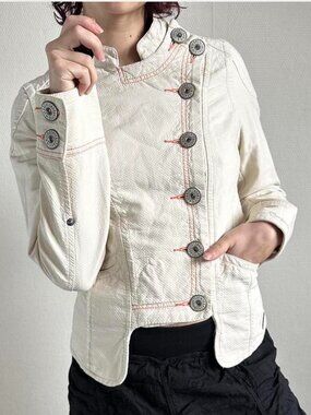 Vintage Cream Cotton Asymmetrical Military Jacket | Corset Bow Tie XS